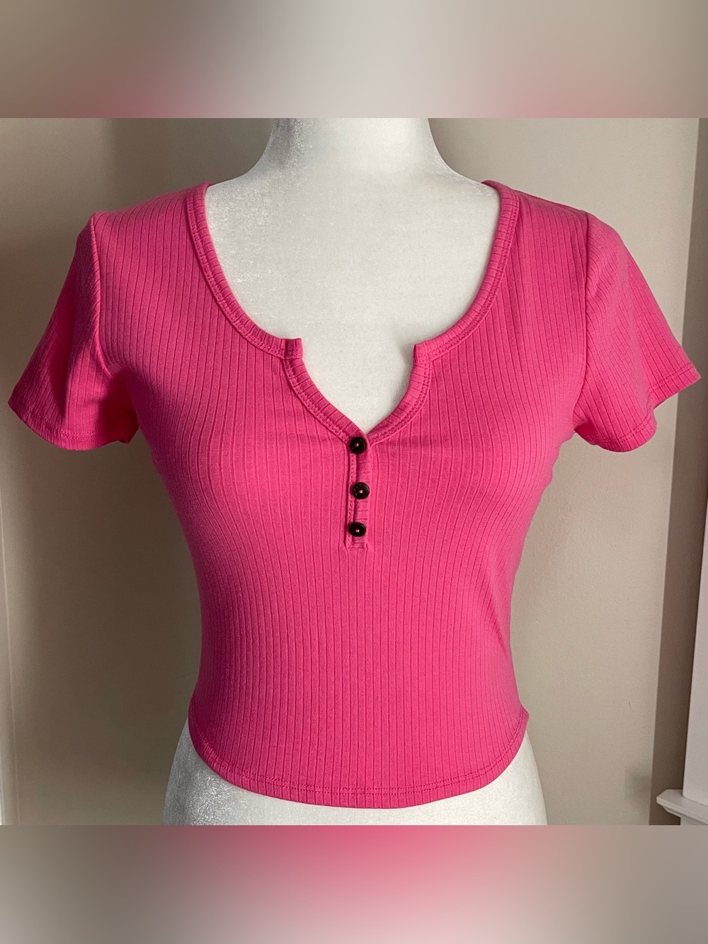 Bozzolo Pink Ribbed Henley Short Sleeve Top - large